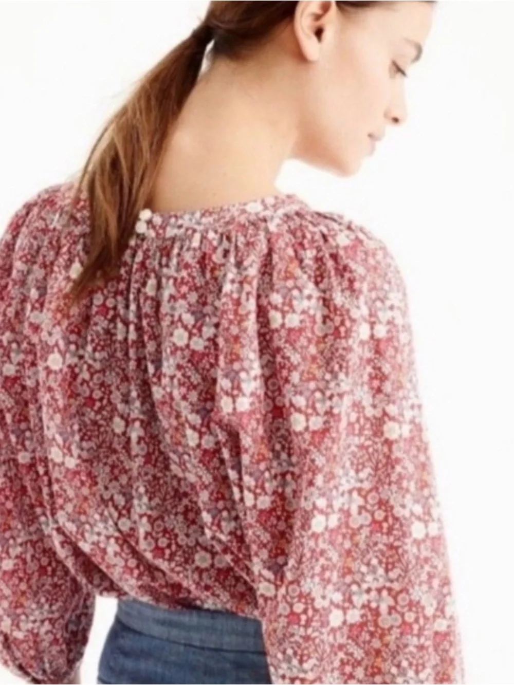 J. Crew Red Ditsy Floral Liberty Print Puff Sleeve Peasant Blouse M